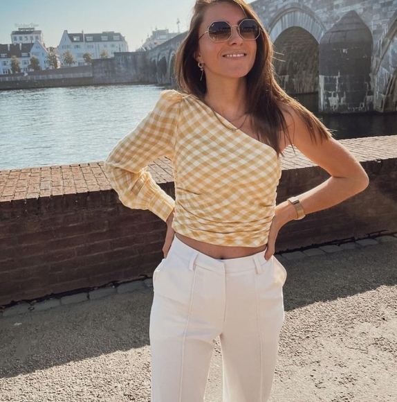 NWOT Zara Asymmetric Venus Yellow Gingham One Shoulder Crop Top M - Picture 7 of 12